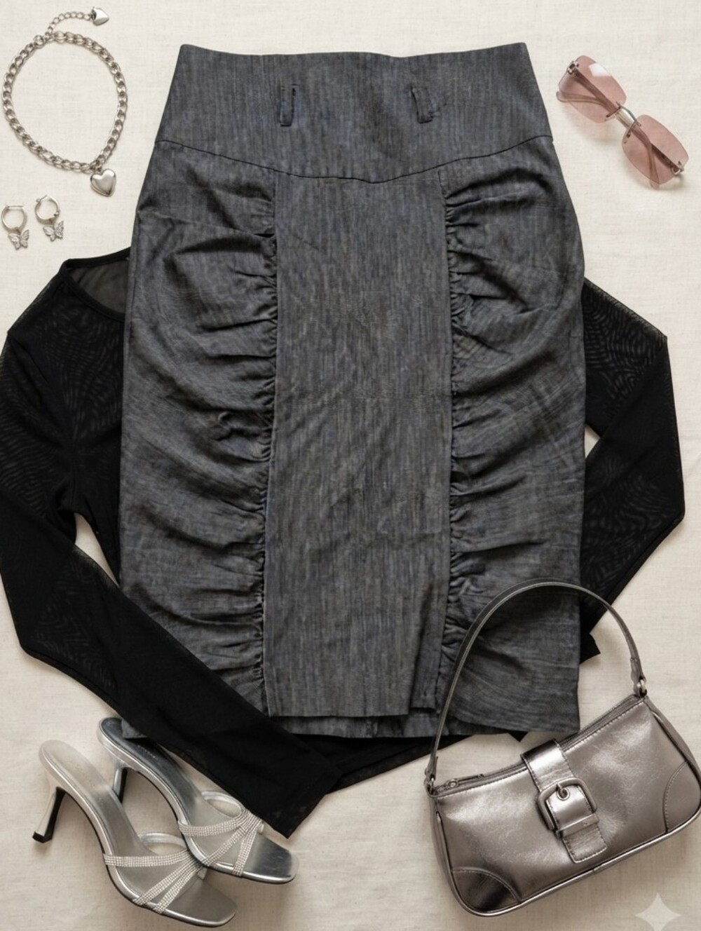 Y2K Charlotte Russe Gray Ruched Office Siren Pencil Skirt